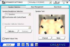 The Audigy Speaker Settings app lets you select your speaker setup, test them and adjust the bass and cutoff frequency of the subwoofer.